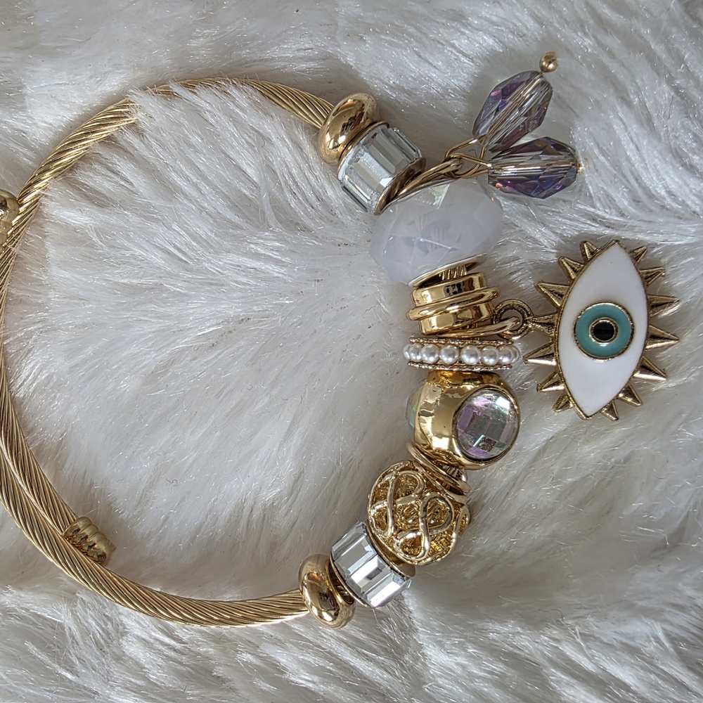 Gold and White Bangle Bracelet with Eye Charm